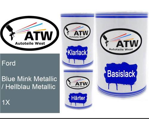 Ford, Blue Mink Metallic / Hellblau Metallic, 1X: 500ml Lackdose + 500ml Klarlack + 250ml Härter - Set, von ATW Autoteile West.